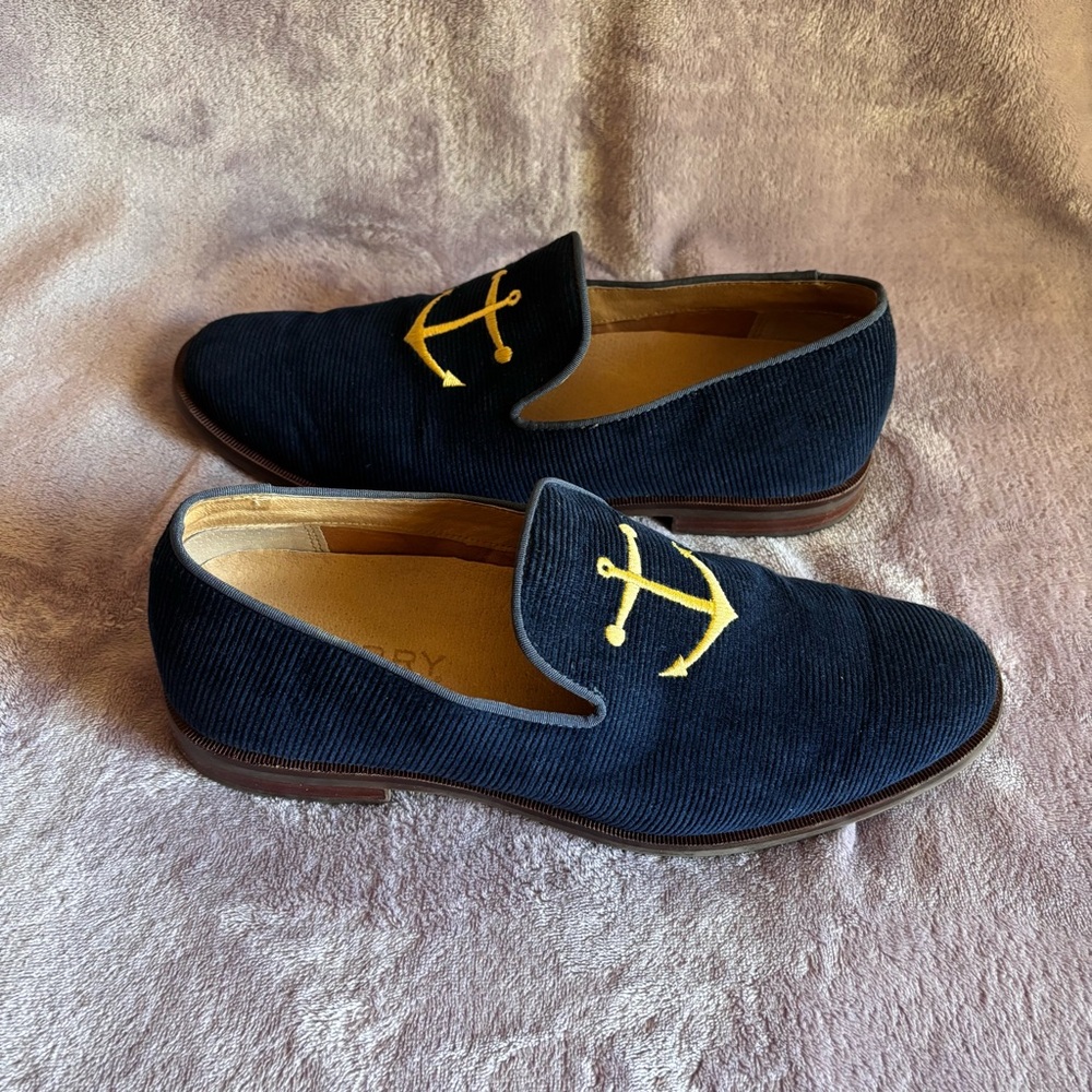 Sperry Top-Sider Mens Navy Corduroy Anchor Smoking Slippers Loafers STS18369 8 - Picture 2 of 8
